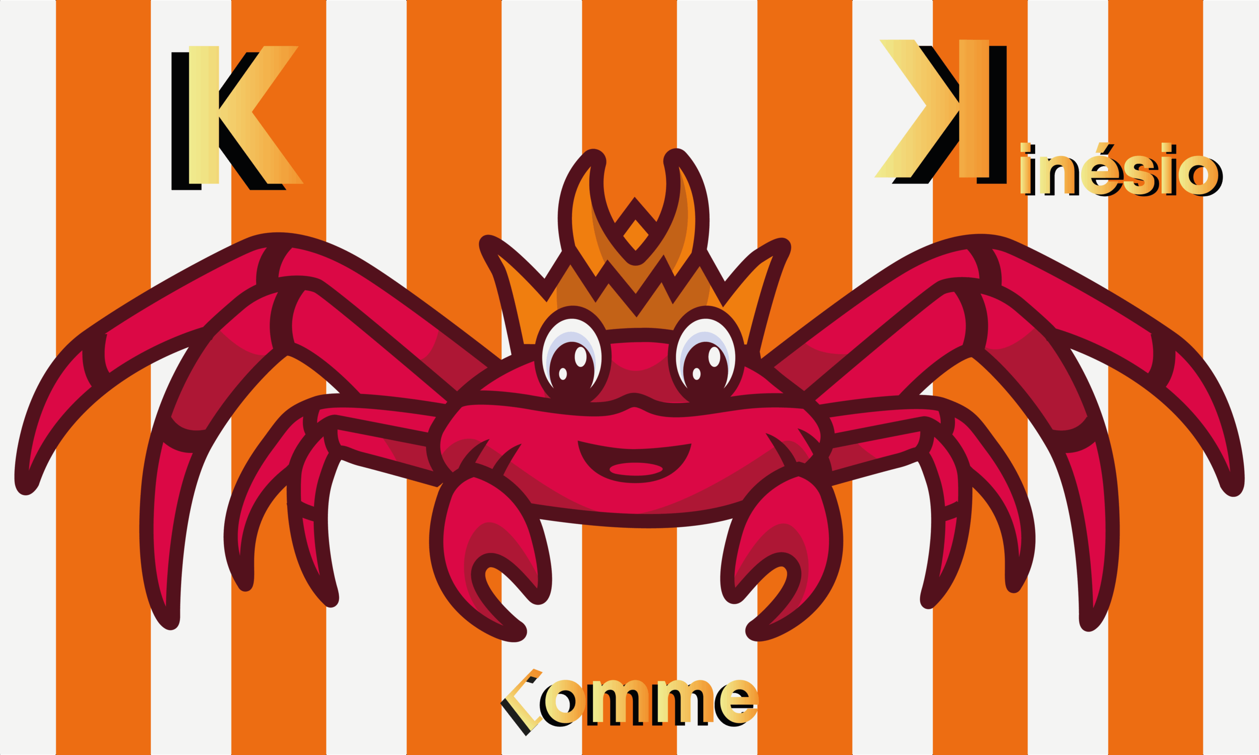 crabe-qui-sourit-rouge-à-huit-pattes-avec-une-couronne-sur-fond-de-rayures-oranges-et-blanches-kᚲommekinésio